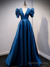 Blue Satin Puff Sleeve Backless Prom Dress